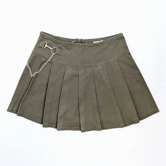 VTG 00s Y2K Marla Kim Khaki Green High-Waisted Pleated Mini Skirt with Chain - Picture 1 of 5